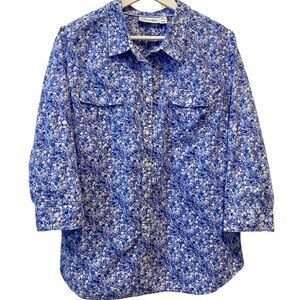 Vintage St. John’s Bay Cottagecore Blue Floral Print 3/4 Sleeve Collared Blouse